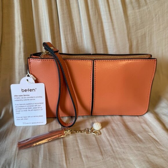 befen Genuine Leather Wristlet Clutch with RFID Protection in Carrot Orange - Picture 4 of 5